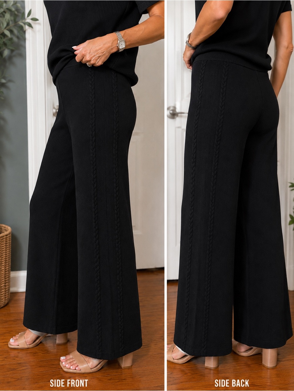 Women’s Black Wide-Leg Sweater Knit Pants & Top Set - Classic Comfort - Picture 2 of 2